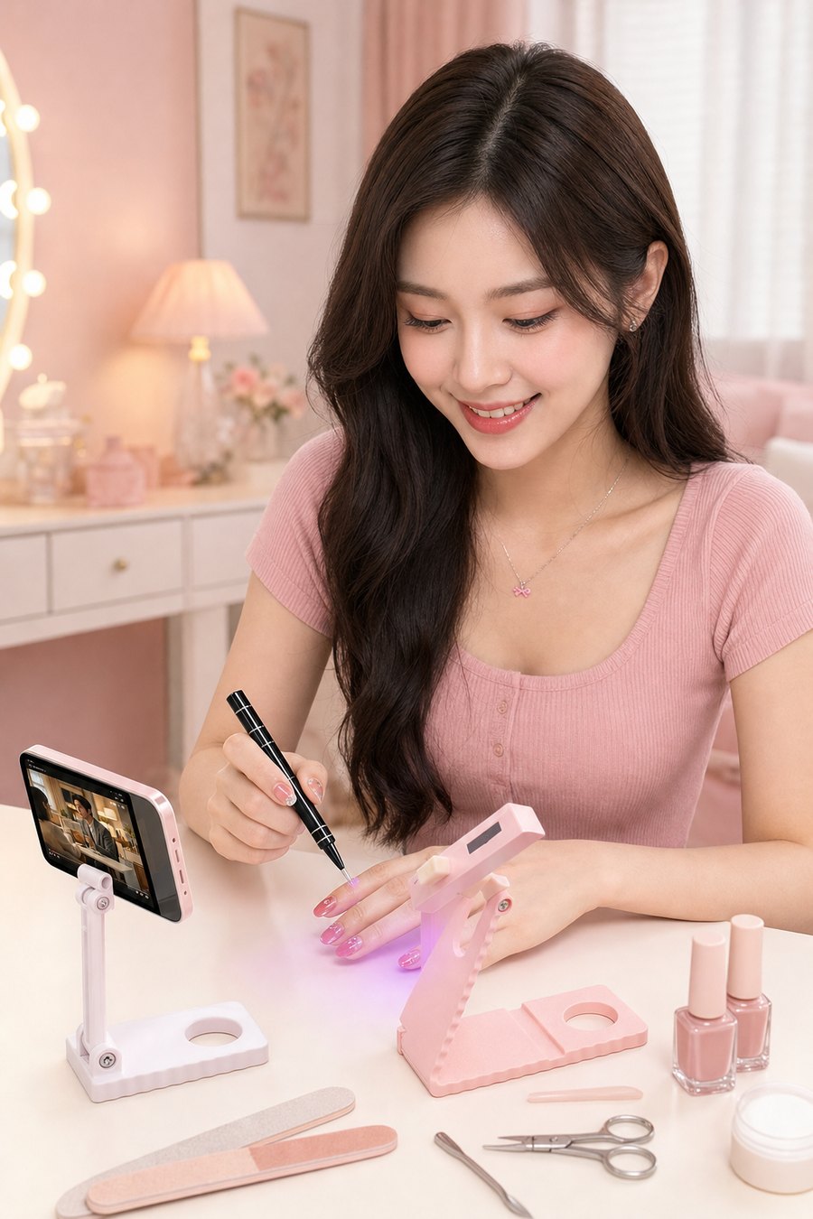 Mini UV lamp on its stand curing nails with a phone propped up